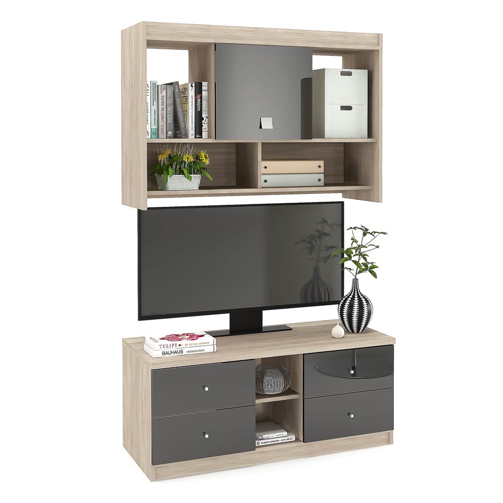 Comoda MODUS 4 sertare si dulap suspendat, Oak, Negru Gloss