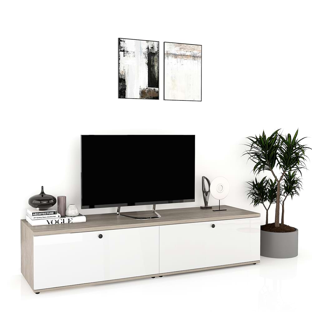 Comoda TV living CUBO 180, 2U, Clasic, Oak, Alb Gloss