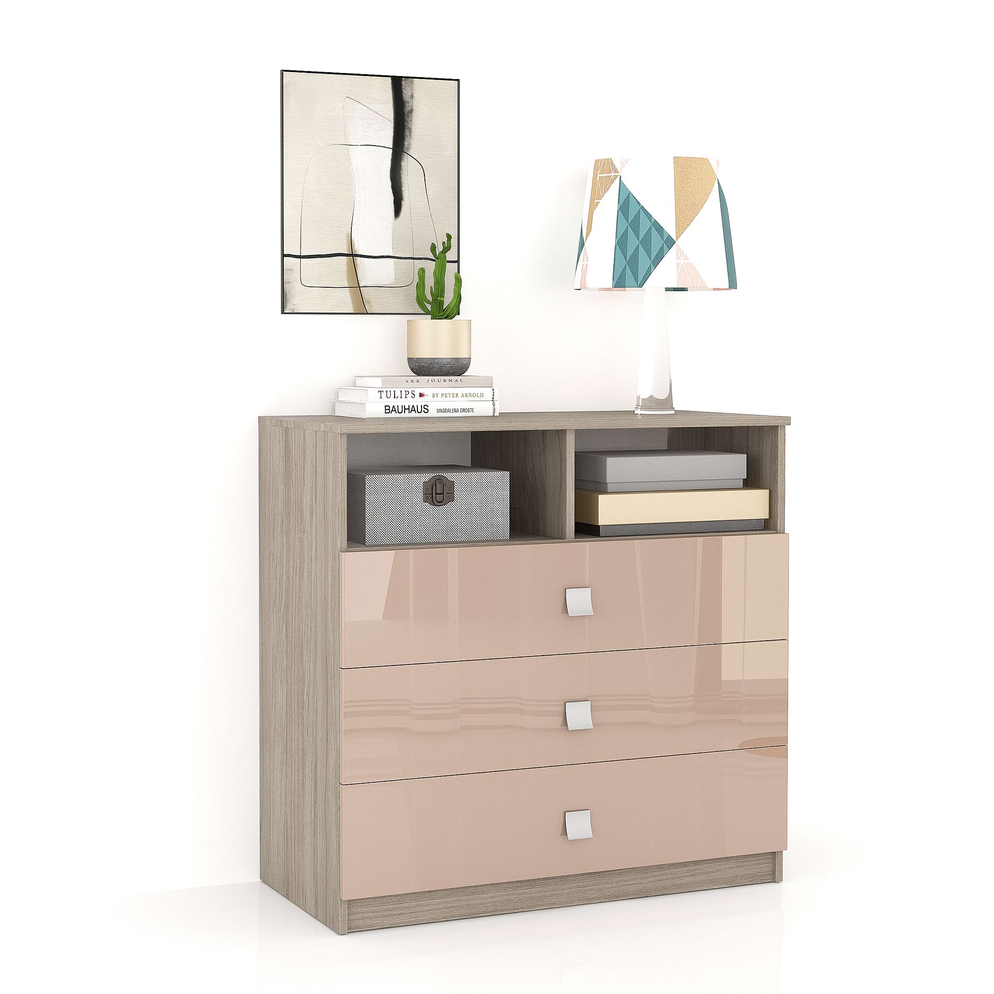 Comoda LINEA 3 sertare, Oak, Cappuccino Gloss